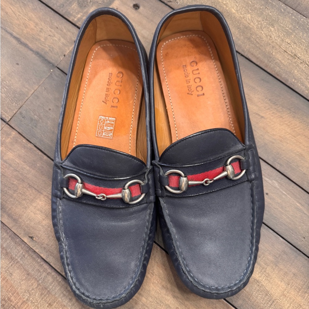 Gucci horsebit driving loafers navy blue men slip on size 9